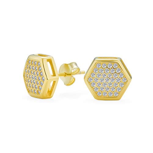 Image of Hexagonal Brilliance – Mens 10MM Yellow Gold-Plated Geometric Hexagon Honeycomb CZ Square Micro Pave Stud Earrings .925 Sterling Silver