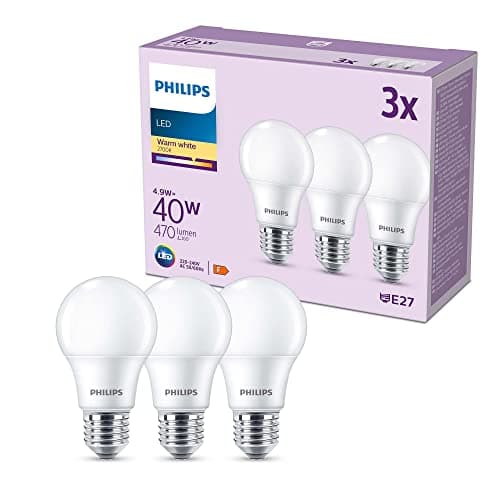 Image of Philips LED Frosted A60 Light Bulb 3 Pack [Warm White 2700K - E27 Edison Screw] 40W, Non Dimmable. for Home Indoor Lighting, Value Range