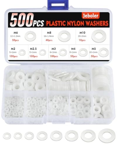 Image of 500 Pcs Nylon Washers, Jeboler White Flat O Ring Plastic Washers, Flat Round Plastic Spacers Washer Assortment, Assorted Washer With 8 Sizes- M2/M2.5/M3/M4/M5/M6/M8/M10