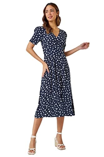 Image of Roman Originals Swing Tea Dress Women UK Ladies Skater Midi A Line Fit & Flare Summer Casual Smart Cocktail Party Going Out Work Cruise Button Through Long Pocket - Navy - Size 16