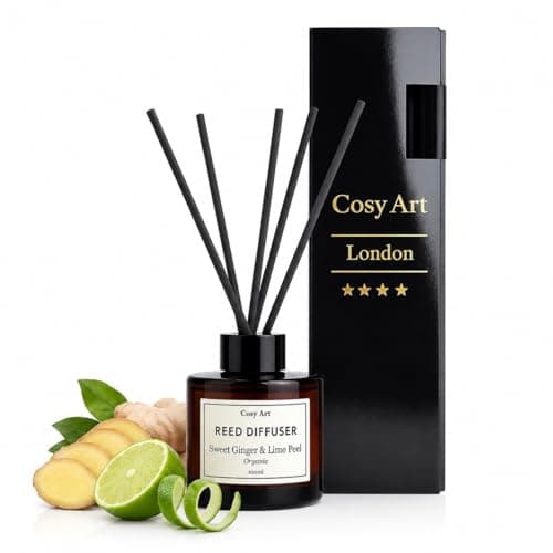 Image of Sweet Ginger & Lime Peel Organic Reed Diffuser - 100ml Amber Glass Jar - Hand-Poured in London - Essential Oil Blend for Kitchen, Bathroom & Home - Long Lasting Odor Neutralizing Scent