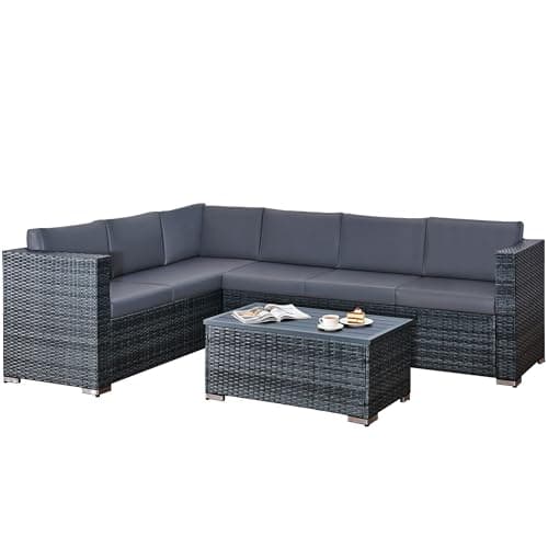 Image of rattanstar 6 Seater Rattan Garden Furniture Sets, Outdoor L-Shaped Patio Furniture Set with Garden Sofa and Glass Table (Mixed Charcoal Wicker + Charcoal Cushion (6 Seater))