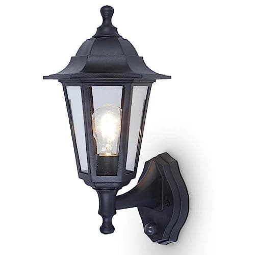 Image of Britalia Black & Clear Glass Panel Outdoor Vintage Up Coach Lantern Wall Light with PIR | IP44 Rated | 38cm Height | 1 x ES E27 Lamp Required | Garden - Patio - Driveway | Polycarbonate Coastal