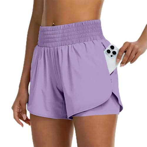 Image of Dreaku Womens 2 in 1 Running Shorts with Pockets, High Waisted Ladies Gym Shorts, Lightweight Women's Sport Activewear for Running, Hiking, Workout &Training (UK, Alpha, S, Regular, Regular, Purple)