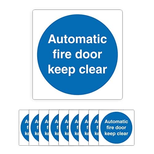 Image of Automatic fire door keep clear - fire safety signs - 100mm x 100mm - Self adhesive vinyl sticker - Ideal for use on any premises. Pack of 10