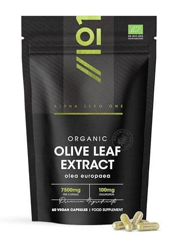 Image of Organic Olive Leaf Extract 7500mg – Standardised 20% Oleuropein – 60 Vegan Capsules (2 Months Supply) – Resealable and Recyclable Pouch by Alpha01