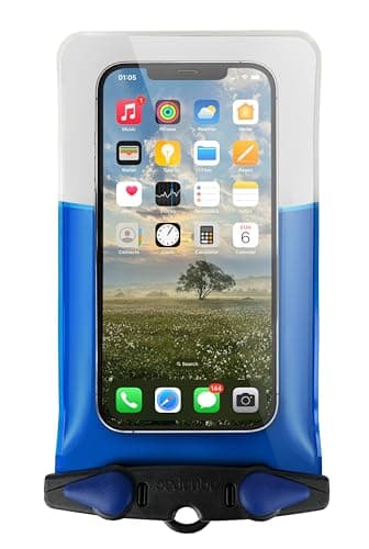Image of Aquapac Waterproof Phone Case, Medium, Blue, Lanyard, Fits All Phone Makes, Made in The UK, Hiking, Mountain Biking, Running Accessory, Floating, 5 Year Warranty. IPX8 certified to 30 ft