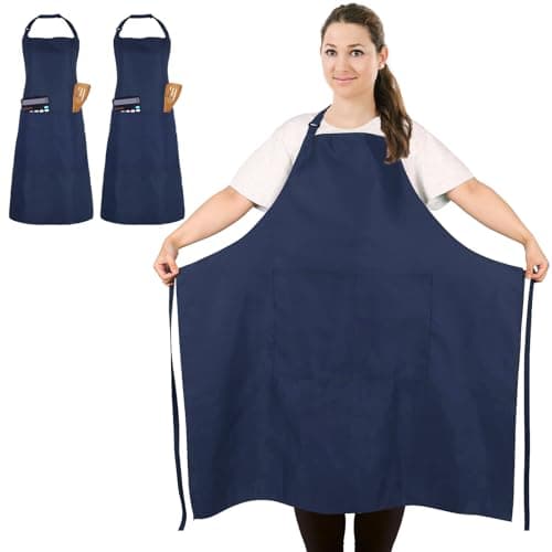 Image of FunChaos 2 Pcs Plus Size Chef Apron, Navy Blue Apron, Unisex Aprons with 2 Pockets for Cooking, Grilling, BBQ, Work, Professional Aprons for Waiter Artist Hairdresser (Large Size)