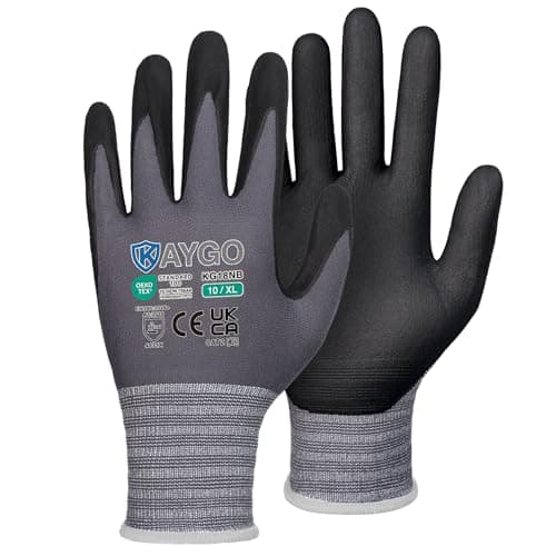 Image of KAYGO Micro Foam Nitrile Coated Work Gloves 12 Pairs, Nylon Liner, Breathable and Flexible, Light Oil Grip, for Warehouse, Construction, DIY, Auto Repair, KG18N (X-Large, Grey)
