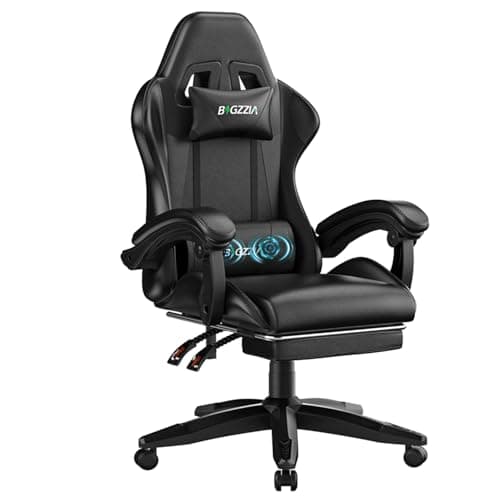 Image of bigzzia Gaming chair with massage function, ergonomic gamer chair with footrest, headrest, lumbar cushion, height adjustment, tilt 90°-155°, gaming chair for gaming, work, relaxation (Black)