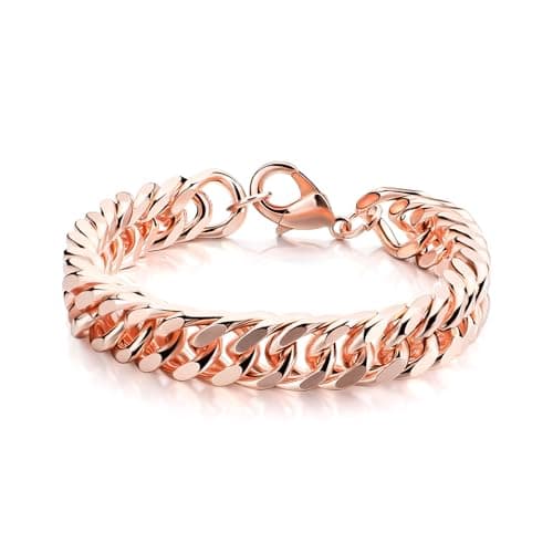 Image of Quelay Cuban Link Chain Bracelet 12mm Width Rose Gold Chain Wrist Bracelets for Women Men 8.3 Inch Length Classic Solid Copper Link Jewelry Gift for Christmas Valentine's Day Birthday
