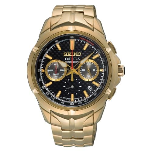 Image of Seiko Coutura Men’s Chronograph Quartz Watch for Men - Gold-Tone Stainless Steel Bracelet, Black Carbon-Fiber Dial, Sapphire Crystal, Tachymeter, Date Display - 42mm Luxury Sport-Inspired Wrist Watch