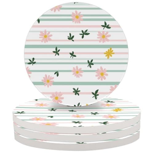 Image of Mintoprints Daisy Line Drink Coasters for Coffee Table, Absorbent Ceramic Coaster Set of 2 for Kinds of Cups, Home Decor, 4 Inches