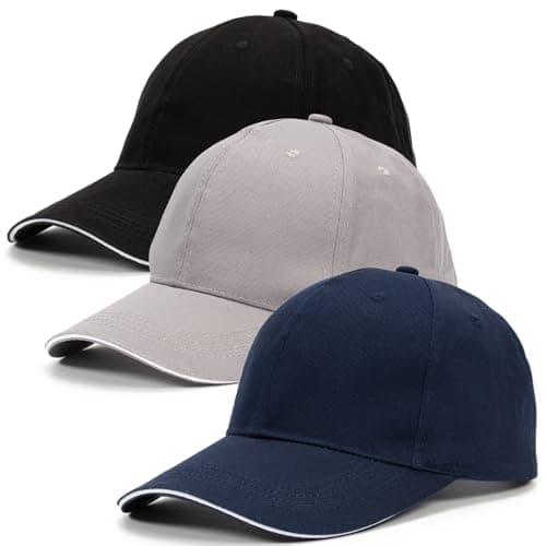 Image of Dzpuhuojz 3 Pack Baseball Caps, Full Cotton Men's Hats & Caps, Adjustment Hats for Golf Running Sports Outdoor Workouts, Blue+Grey+Black Caps (White Border)
