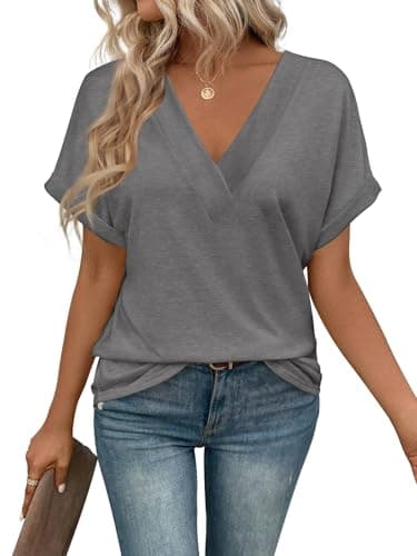 Image of Cuptacc T Shirts for Women Casual V Neck Tshirts Women Solid Color Fashion Ladies Summer Tops Grey, Small S 8-10