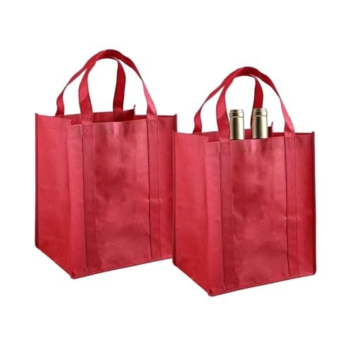 Image of Wine Bottle Bag, 2PCS Bottle Carrier, Bottles Bag 6 Compartments with Protable Handles, 31x25x18cm Reusable Compartment Wine Bottles Holder Bags for Travel Camping Picnic Beer Drinks Party (Red)