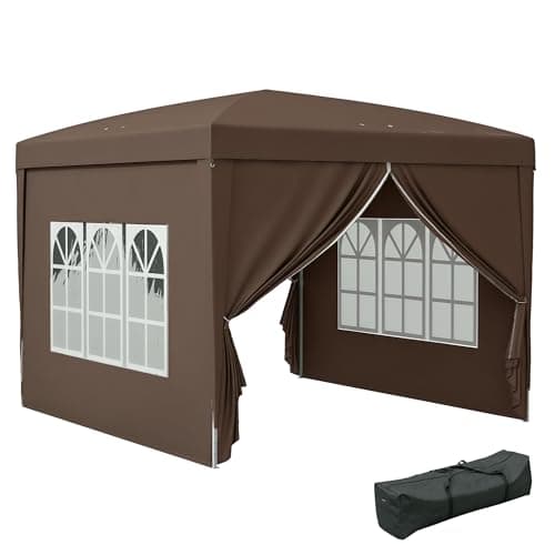 Image of Outsunny 3 x 3 m Garden Pop Up Gazebo, Wedding Party Tent Marquee, Water Resistant Awning Canopy with Sidewalls, Windows, Carry Bag, Coffee