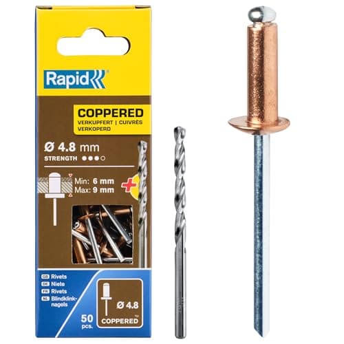 Image of Rapid High Performance Copper Coated Aluminium Rivets, Ø4.8 x 12 mm - 4.8mm Rivets for Gutters, Piping, and Sheet Metal - Includes Drill - 50 Pieces, Carton Boxed (5001467)