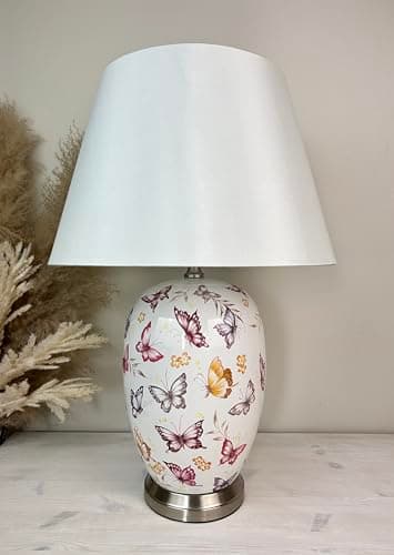 Image of DOWNTON INTERIORS Large White Oriental Ceramic Table Lamp with Multi Colour Butterfly Pattern (G2123) (Plain Shade)