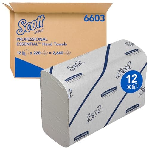 Image of Scott Essential Hand Towels, Narrow-Fold 2-Ply White Paper Towels, Soft, Absorbent, FSC Certified, Compatible with Multifold Dispensers, 12 Clips x 220 Sheets (2,640 Sheets Total), Model Nr. 6603
