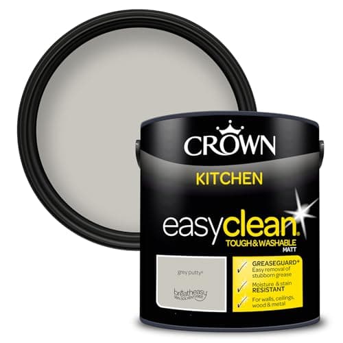 Image of CROWN Grey Putty - Anti Mould Kitchen Paint - Washable, Grease & Steam Resistant - Light Grey Paint - 2.5L
