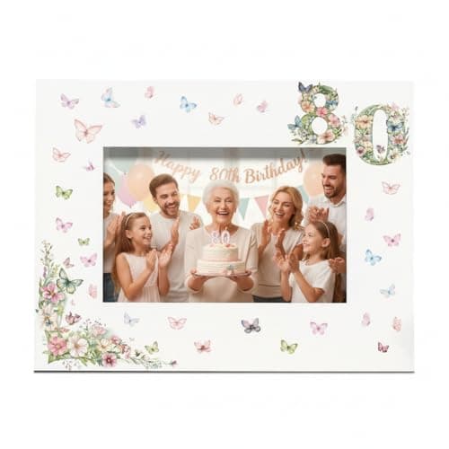 Image of 80th Birthday Photo Frame for Her, White with Butterflies and Flowers, 6x4 Inch, Wall Hanging or Desktop Display (Landscape)