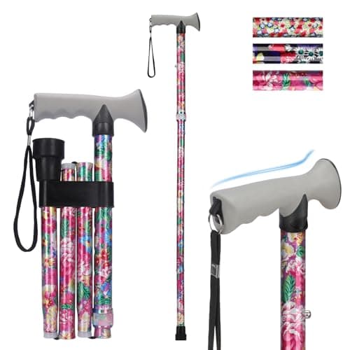Image of supregear Folding Walking Stick, Adjustable Height Foldable Collapsible Lightweight Portable Travel cane with Soft Handle, Walking Aid for Elderly Disabled Men Women, Pink Floral