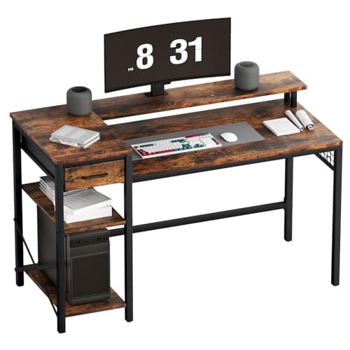 Image of Oak & Tea Gaming Desk 120x52 cm - Computer & Office Desk with Drawers, Standing Desk with Monitor Stand & Storage Shelves for Study, Gaming, Work - Black Home Office Desk