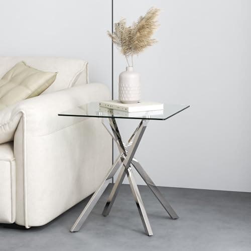 Image of GOLDFAN Small Glass End Table with Chrome Legs for Living Room Square Side Table Modern Contemporary Nightstand for Bedroom (Glass&Chrome Legs)