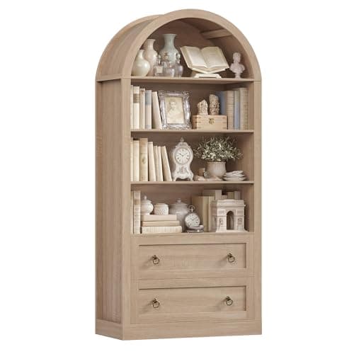 Image of FirFurd Bookcase Arched Bookcase with Drawers Arched Display Cabinet Freestanding Tall Bookshelf with Open Shelves Shelving Unit for Living Room Kitchen 79.5x36x177cm Oak