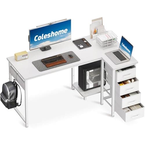 Image of Coleshome Computer Desk with Drawers, 120x70 cm Corner Desk for Home Office, Reversible L Shaped Office Desks White