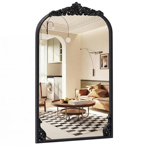 Image of RELAX4LIFE Decorative Wall Mirror, Baroque Ornate Arched Mirror with Hanging Hooks, Vintage Metal Wall Mounted Accent Vanity Mirror for Living Room, Bedroom and Hallway (Black, 76 x 51cm)