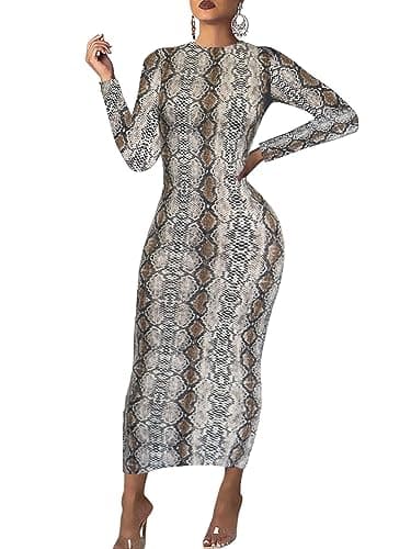 Image of Women's Long Sleeve Bodycon Dress - Maxi Casual Fall Club Party Long Tight Pencil Dresses, Snakeskin Brown, L