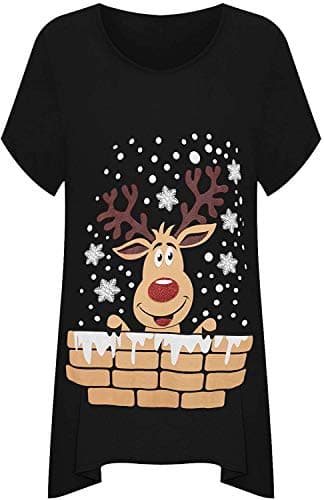 Image of GirlzWalk Women's Plus Short Sleeve Reindeer Snowflake Hanky Hem Long Top Ladies T-Shirt (XXXXL, Black)