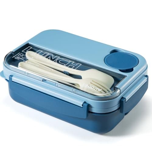 Image of JIUFOXINO Box Lunch Box,1300ml Bento Lunch Box for Adults and Kids, Lunch Container with 4 Compartments, 4-in-1 Meal Prep Container with Fork & Spoon, Microwave Dishwasher Safe Available (Blue)