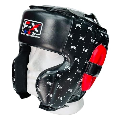 Image of Boxing head guards boxing sparring leather head guards open chin (Red/Black, Medium)