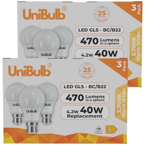 Image of Unibulb BC / B22 / Bayonet LED Light Bulb, GLS, 4.2W, 470lm, Replaces 40W, Warm White 2700K, Non-dimmable, 25yr Lifespan, Pack of 2 (6)