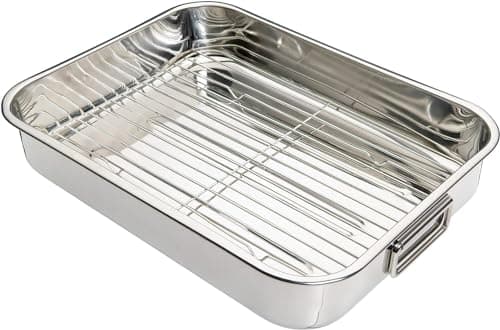 Image of KitchenCraft Roasting Tin with Rack, Stainless Steel Construction, Rectangular Shape, Dishwasher Safe, Oven Safe, Freezer Safe, 43 x 31 cm, 5.5L Capacity, Silver