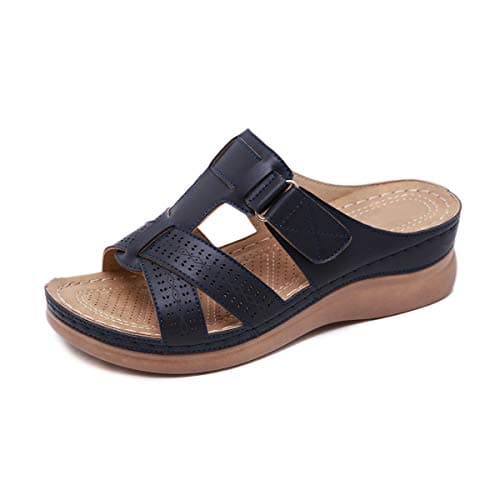 Image of ZAPZEAL Ladies Sandals Wedge Heel Open Toe Flip Flops for Summer Causal Daily Wear with Adjustable Buckle Size 5-12 UK (Navy Blue, Adult, Women, 12, Numeric, UK Footwear Size System, Medium)