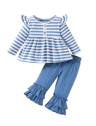 Image of CUGOGO Baby Girl Clothes Toddler Girl Fall Outfit Long Sleeve Ruffle Shirt Cute Pant Clothing Sets,Blue Stripe,6-9 Months