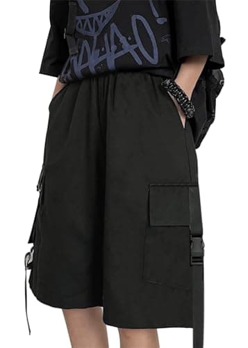 Image of DINGJIUYAN Gothic Black Cargo Shorts Women Summer Streetwear Couple Wide Leg Shorts Woman Harajuku Big Pockets Knee Length Baggy Pants
