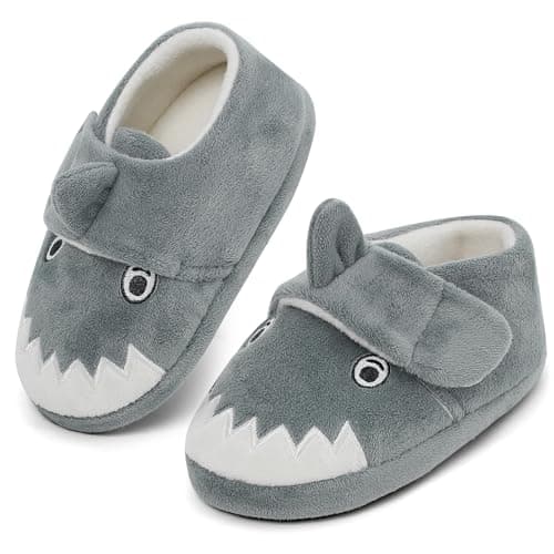 Image of LACOFIA Toddler Boys Girls Slippers Warm Cosy Kids House Shoes Non-Slip Winter Children Plush Slippers Grey Shark 11/12 UK Child