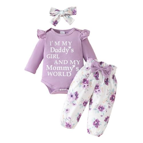 Image of QUNERY Newborn Baby Girl Clothes Daddy's Girls Long Sleeve Tops Floral Pants Sets Headband Infant Girl Fall Outfits Light Purple 3-6 months