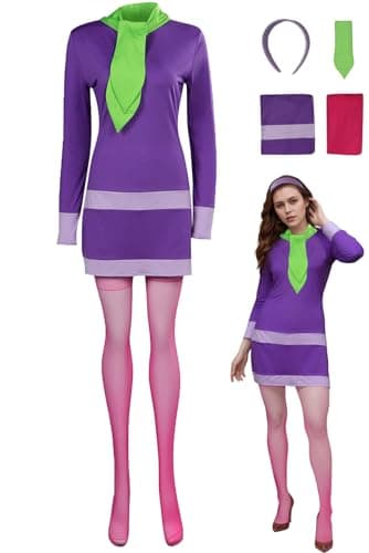 Image of Wolancy Womens Daphne Blake Costume Scooby Doo Cosplay Daphne Dress Scarf Headband Socks Outfit Uniform for Adults, Purple, XL