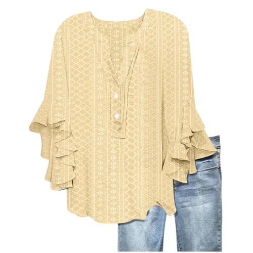 Image of Green Tops for Women UK Hawaiian Shirt Women Ruffle 3/4 Sleeve Eyelet Hollow Solid Color Trendy Pullover Tees Work Tunic V Neck Button Up Sweatshirts Plus Size Spring Clothes Ladies Blouses