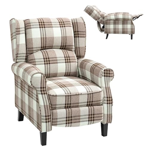 Image of HOMCOM Farmhouse Recliner Armchair for Living Room, Wingback Reclining Chair with Footrest, Round Armrests and Rubber Wood Legs, Brown