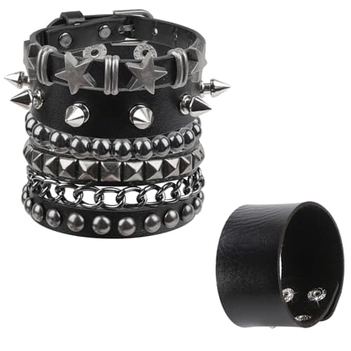 Image of YANKOIUK 5Pcs Gothic Punk Leather Studded Bracelets with Spikes, Adjustable Rock Cuff Grunge Wristband Set for Men Women, 80s Emo Goth Jewelry for Halloween Concert Daily Wear Gift