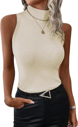 Image of TrendiMax Women's Mock Neck Tank Tops Slim Fit Ribbed Knit Sleeveless Tops Casual Cami Vest Shirts Beige