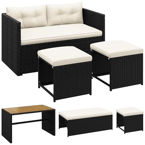 Image of Yaheetech 2-Seater Rattan Garden Corner Sofa with Storage Ottoman，Modern Outdoor Lounge with Transforming Thickened Cushions & Backrest for Deck, Patio, Garden Black & Beige