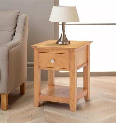 Image of Hallowood Furniture Hereford Oak Small Lamp Table with Drawer and Lower Shelf, Wooden Narrow Side Table, Nightstand, Light Oak Plant Stand, Fully Assembled Bedside, Hallway and Living Room Furniture